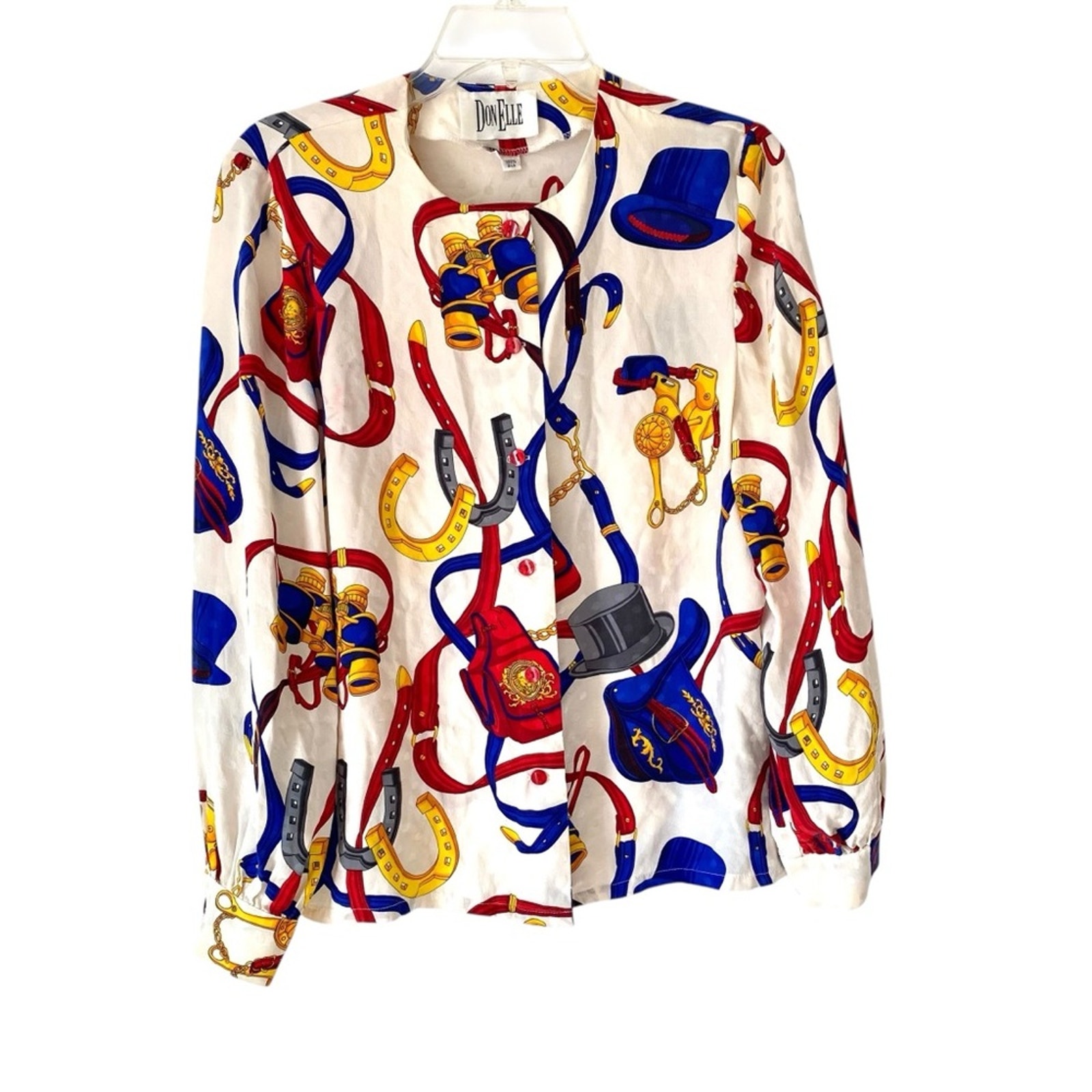 Vintage Don Elle Silk Colorful Equestrian Polka Dot Print Button-Up Blouse 12